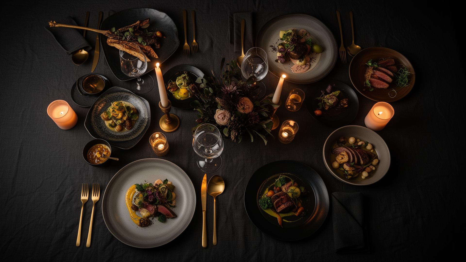 A private dinner table set with candles and plated courses